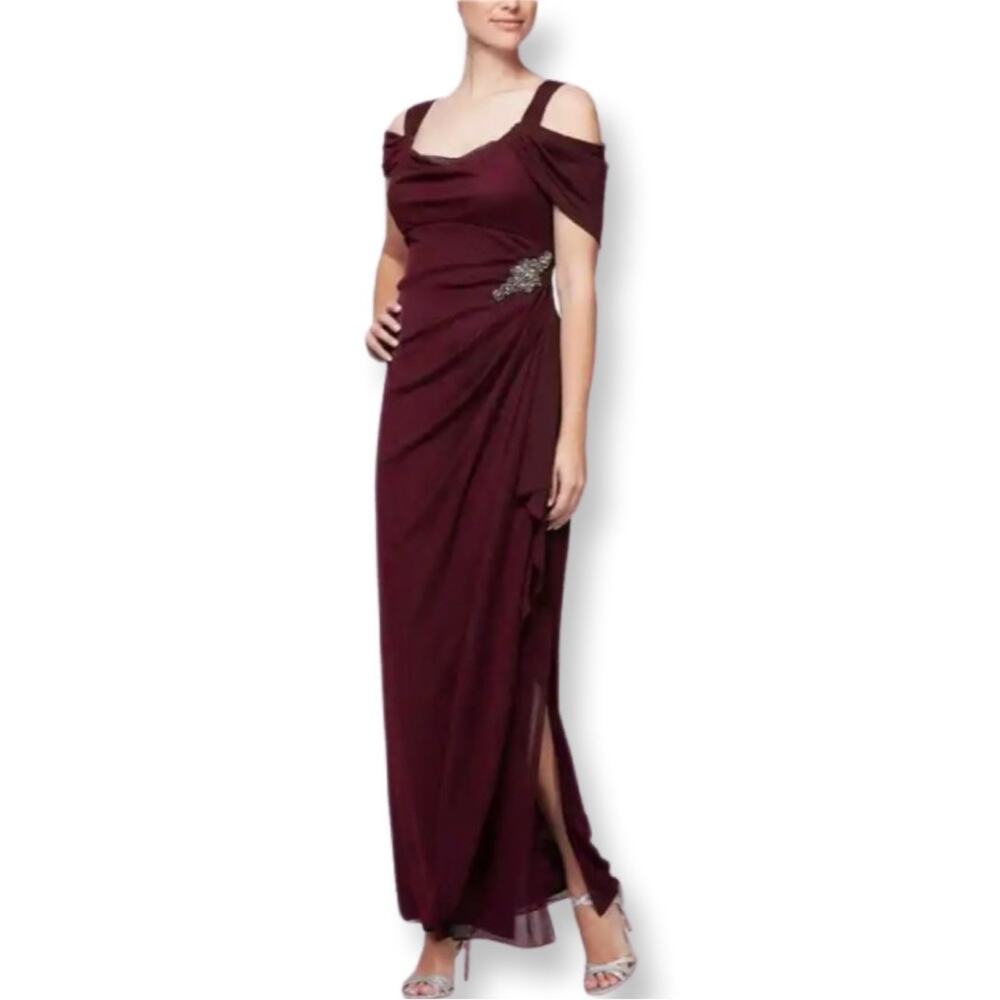 Alex Evenings Square Neck Cold Shoulder Cap Sleeve Side Brooch GownIn Wine